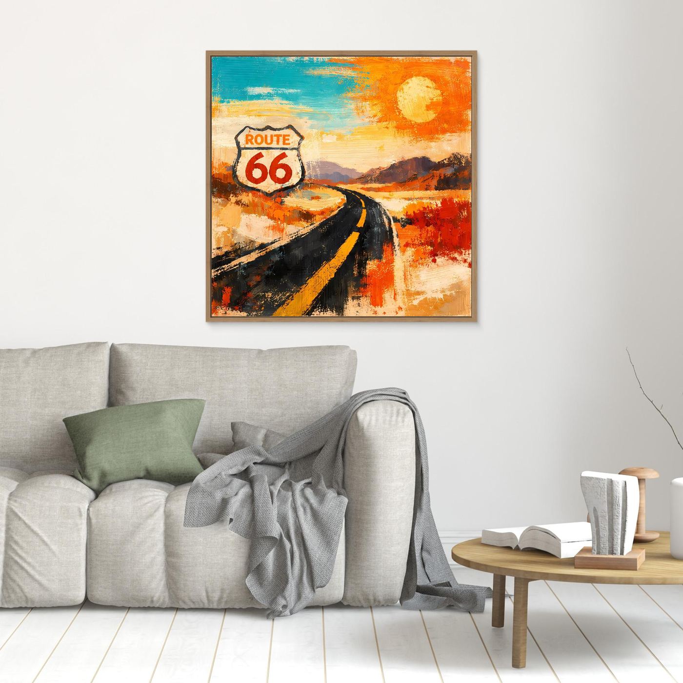 Kleines gerahmtes Leinwandbild mit Route-66-Straße und Sonne, goldbrauner Rahmen