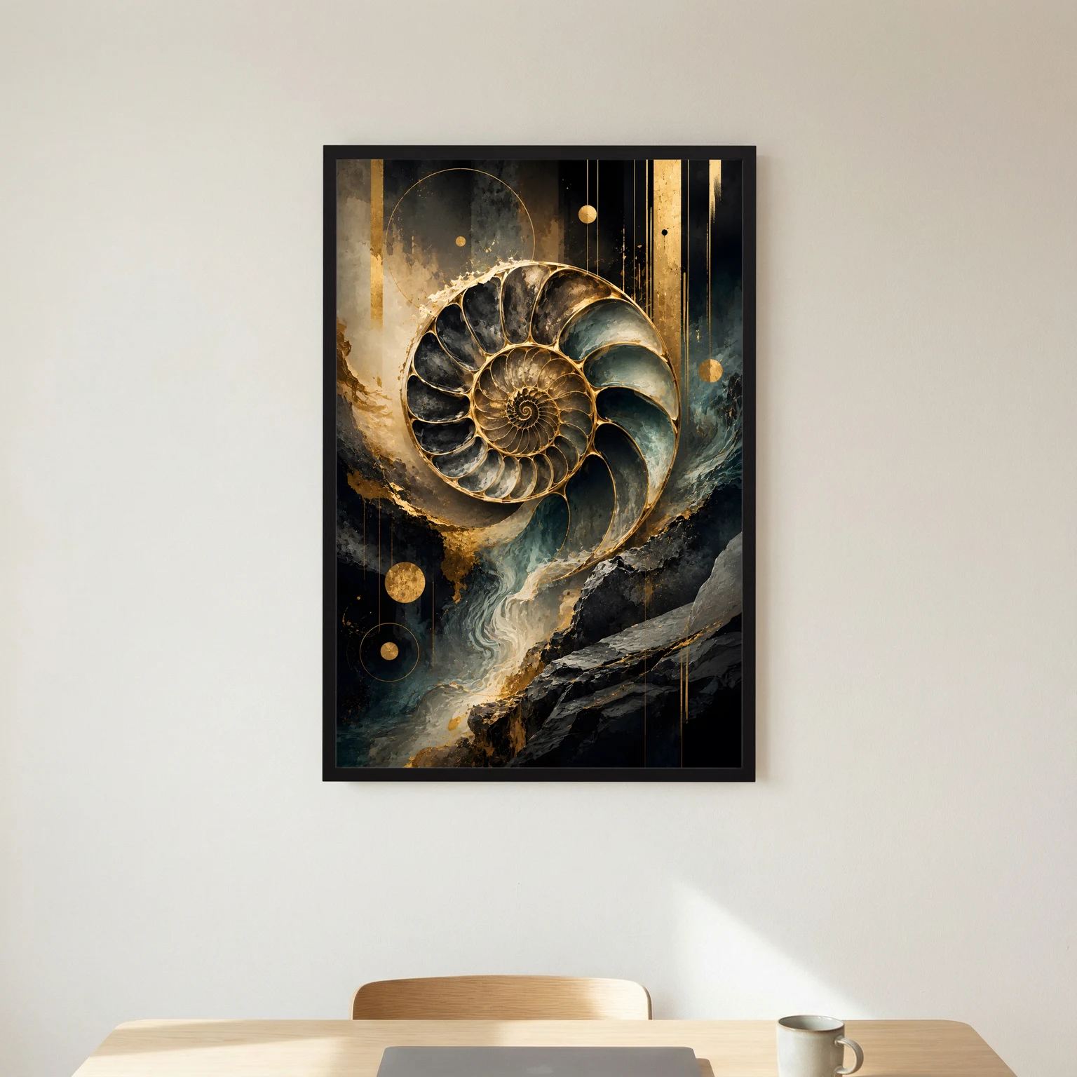 Poster im schwarzen Rahmen mit Ammonitenspirale in Goldtönen, Schwarz und Petrol, Hochformat