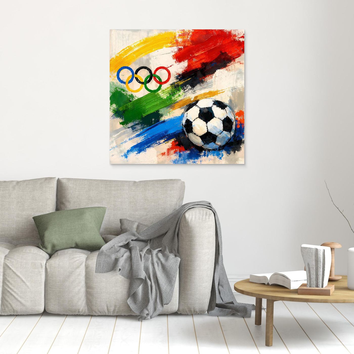 Kleines Leinwandbild mit olympischen Ringen und Fußball, abstrakte Farbstriche