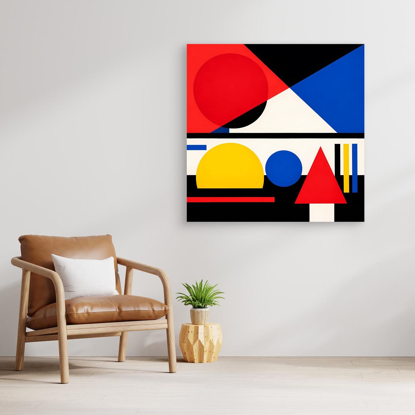 Gerahmtes Leinwandbild mit bunten geometrischen Formen, rotes Dreieck und gelbe Kugel