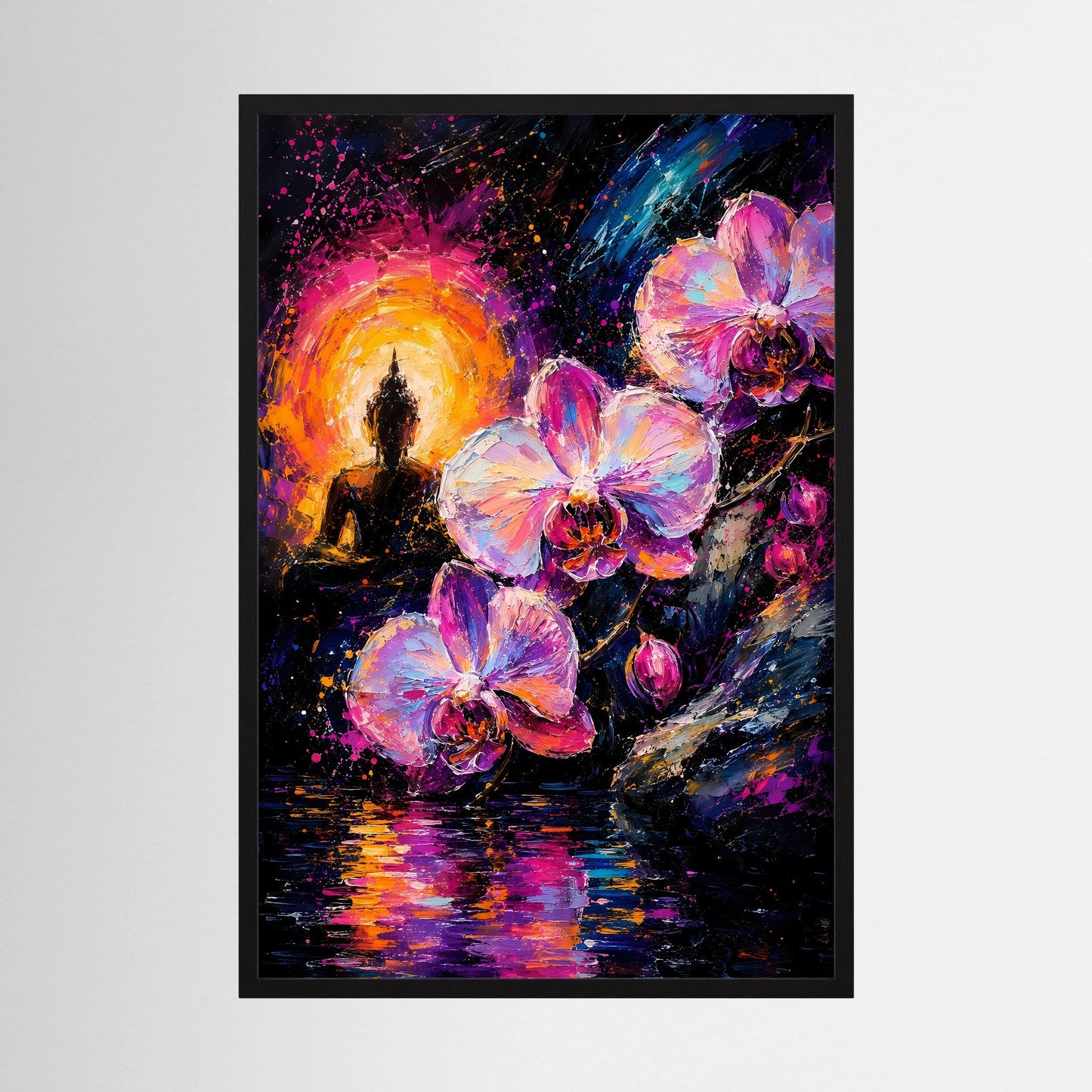 Poster mit Buddha-Silhouette und pinken Orchideen, dunkel hinterleuchtet, im schwarzen Rahmen
