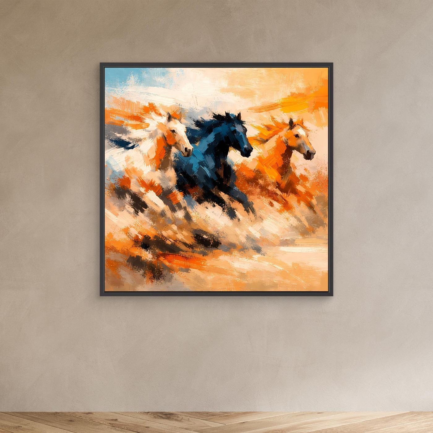 Premium Leinwand Wilde Pferde Galopp | Abstraktes Wandbild Dynamische Ölgemälde Optik