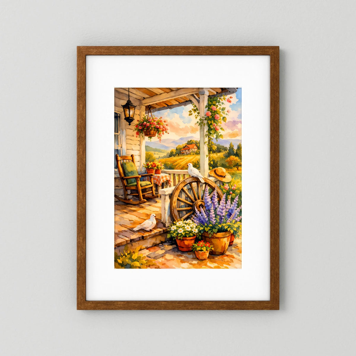 Kunstposter mit Veranda-Motiv, Blumen und Tauben, Holzrad, dunkelbrauner Holzrahmen