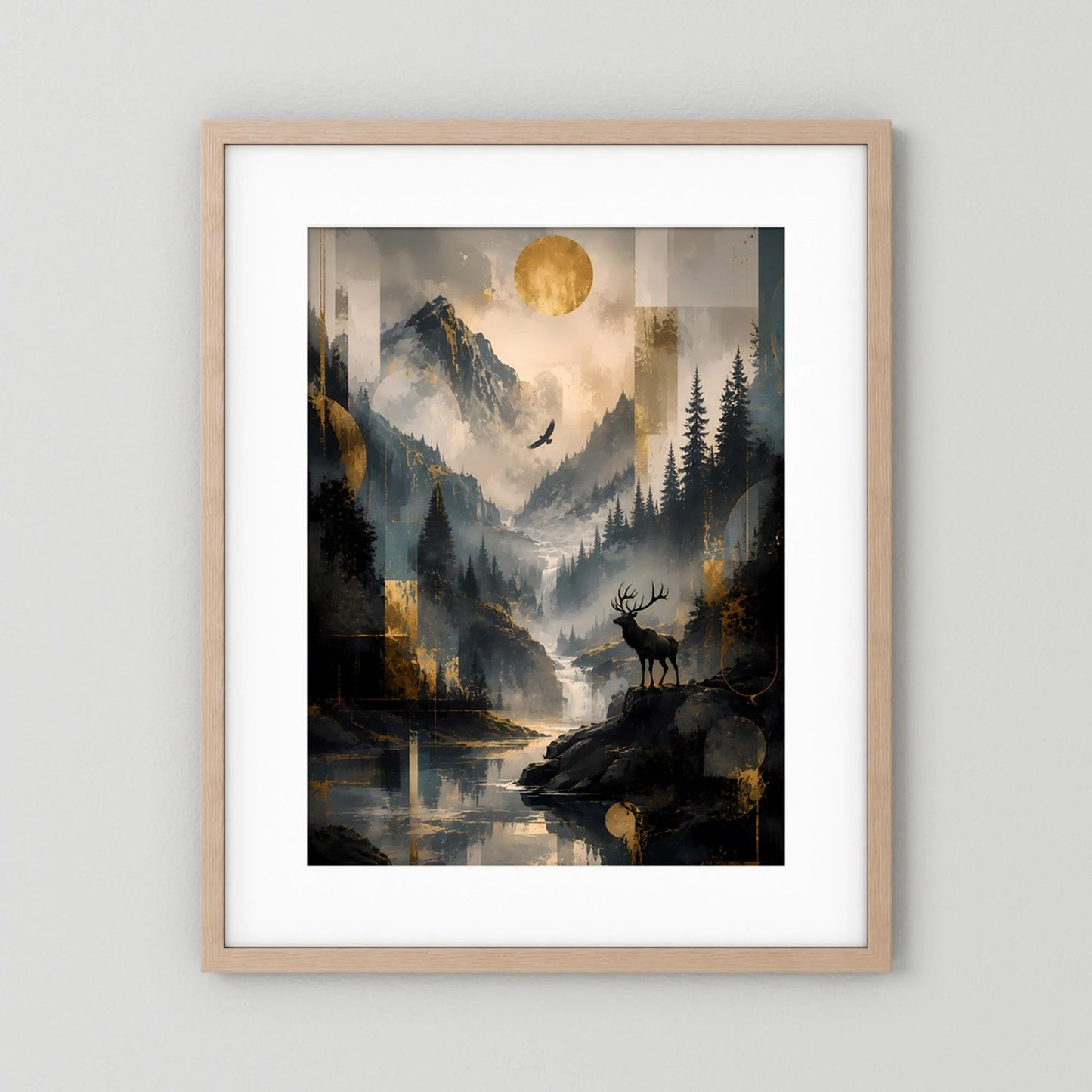 Hochformatiges Poster mit Hirsch auf Fels, Mond über Bergtal, hellbrauner Holzrahmen
