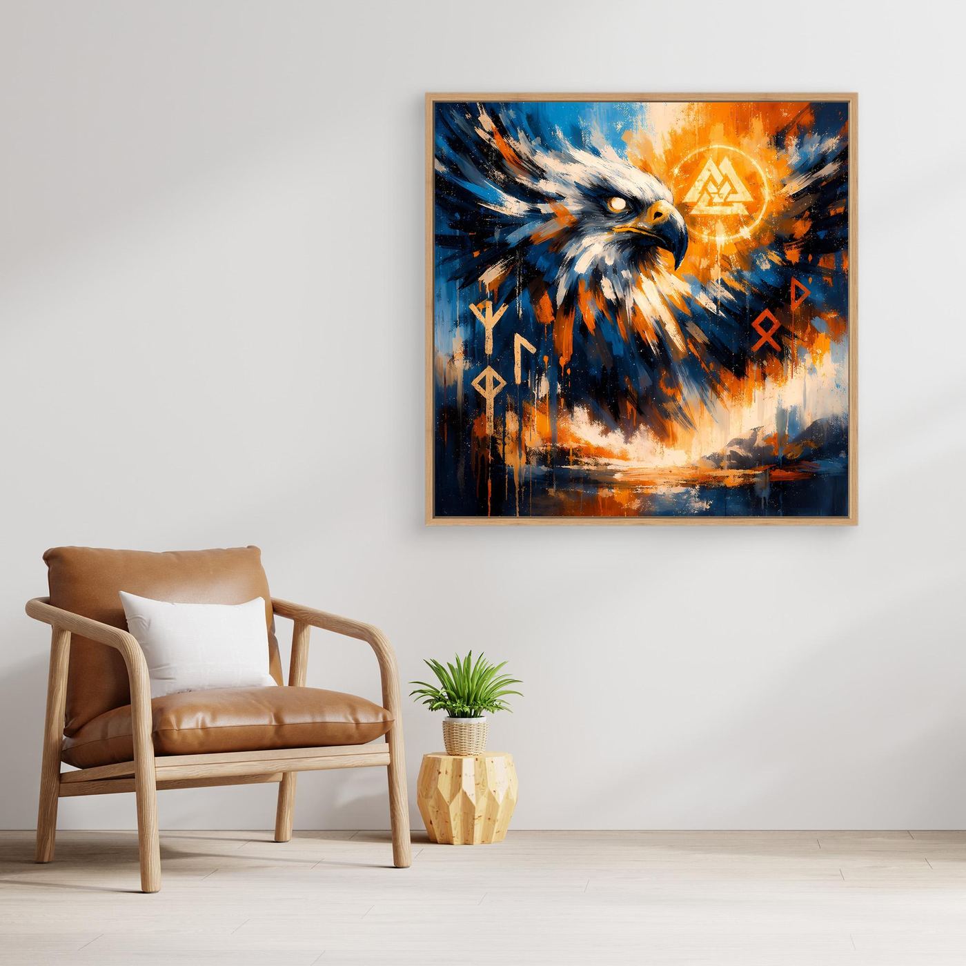 Gerahmtes Leinwandbild mit abstraktem Adler, Holzrahmen, blau-orange Farben und Runen.