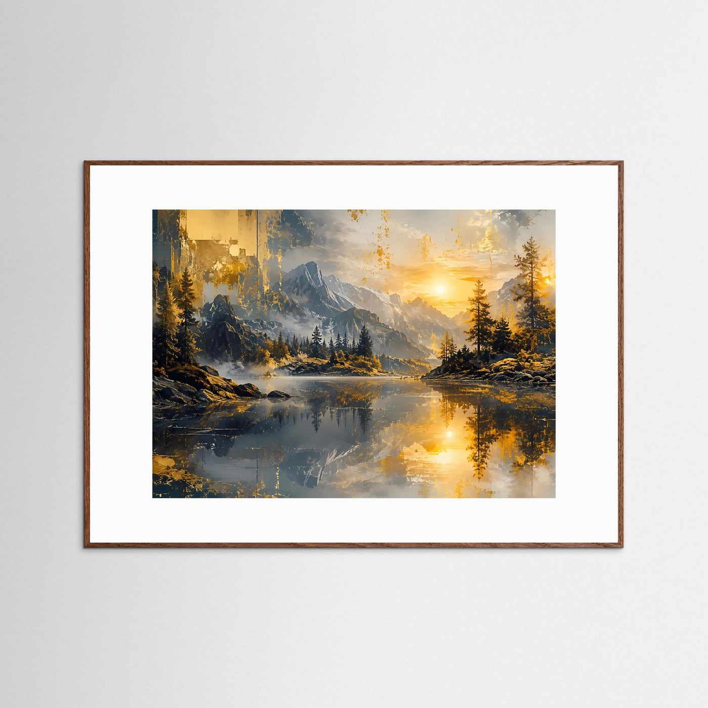 Wandbild im Querformat mit Alpenpanorama, See und Sonnenuntergang; brauner Holzrahmen