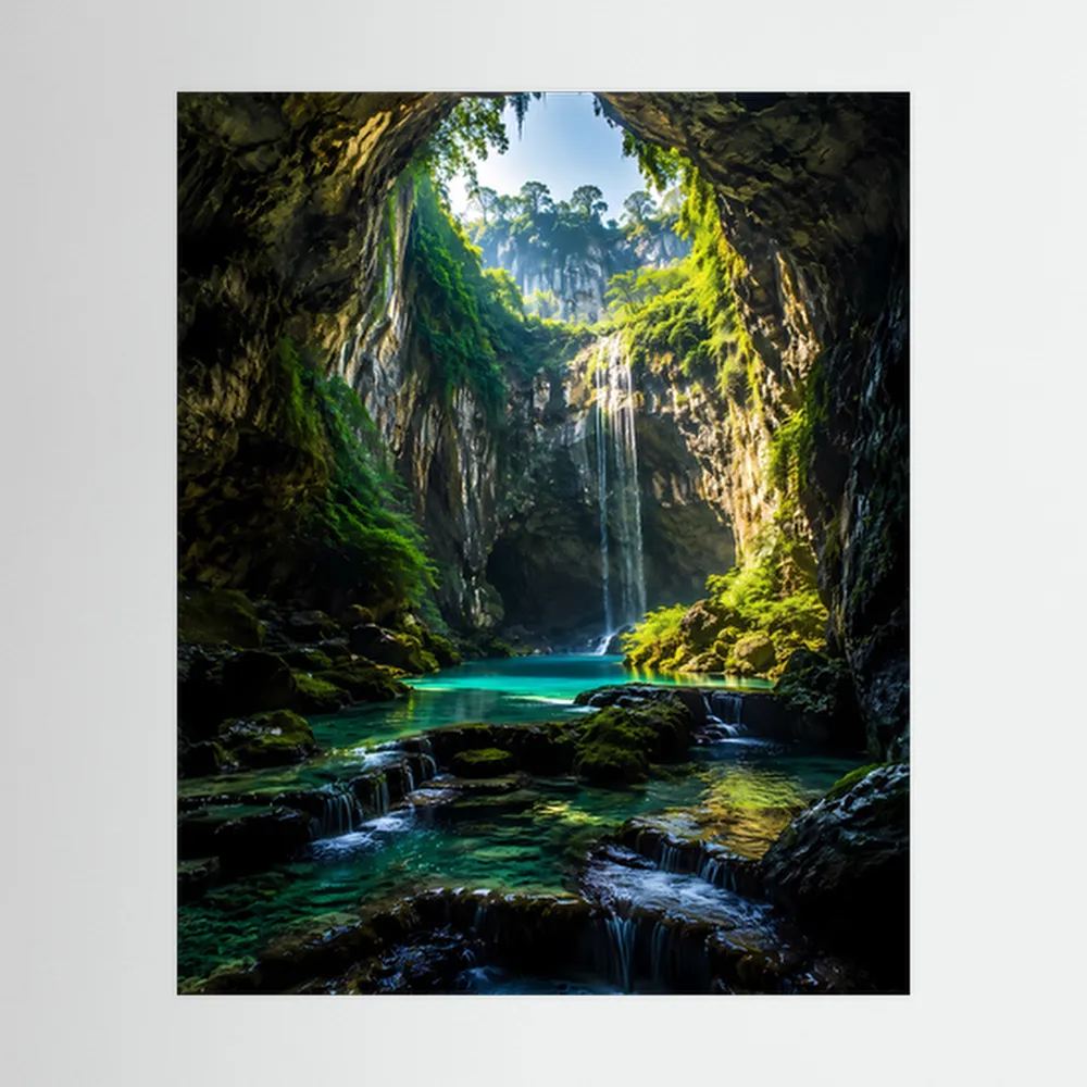 Kunstposter Hochformat mit Dschungelhöhle, Wasserfall und türkisfarbenem Bachlauf