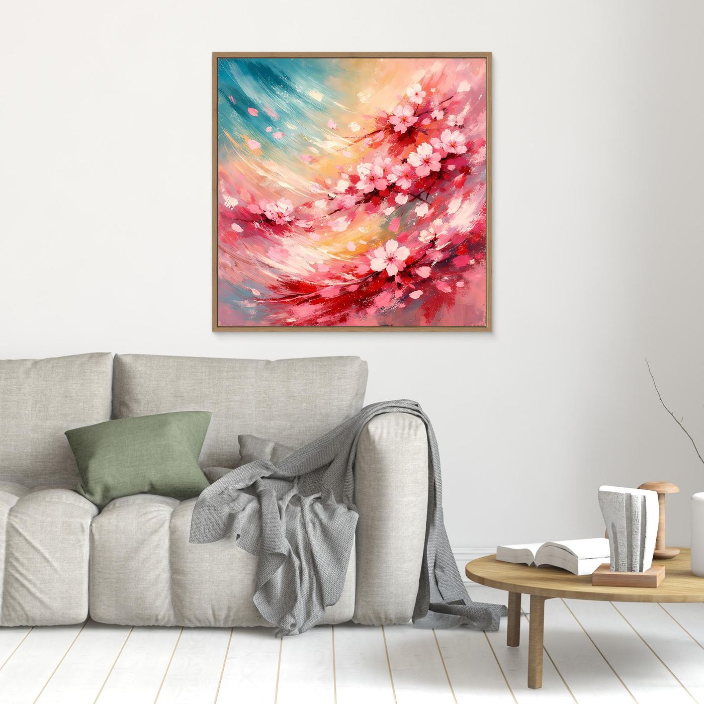 Leinwandbild mit abstrakten Kirschblüten in Pink, Gelb und Blau, braun gerahmt