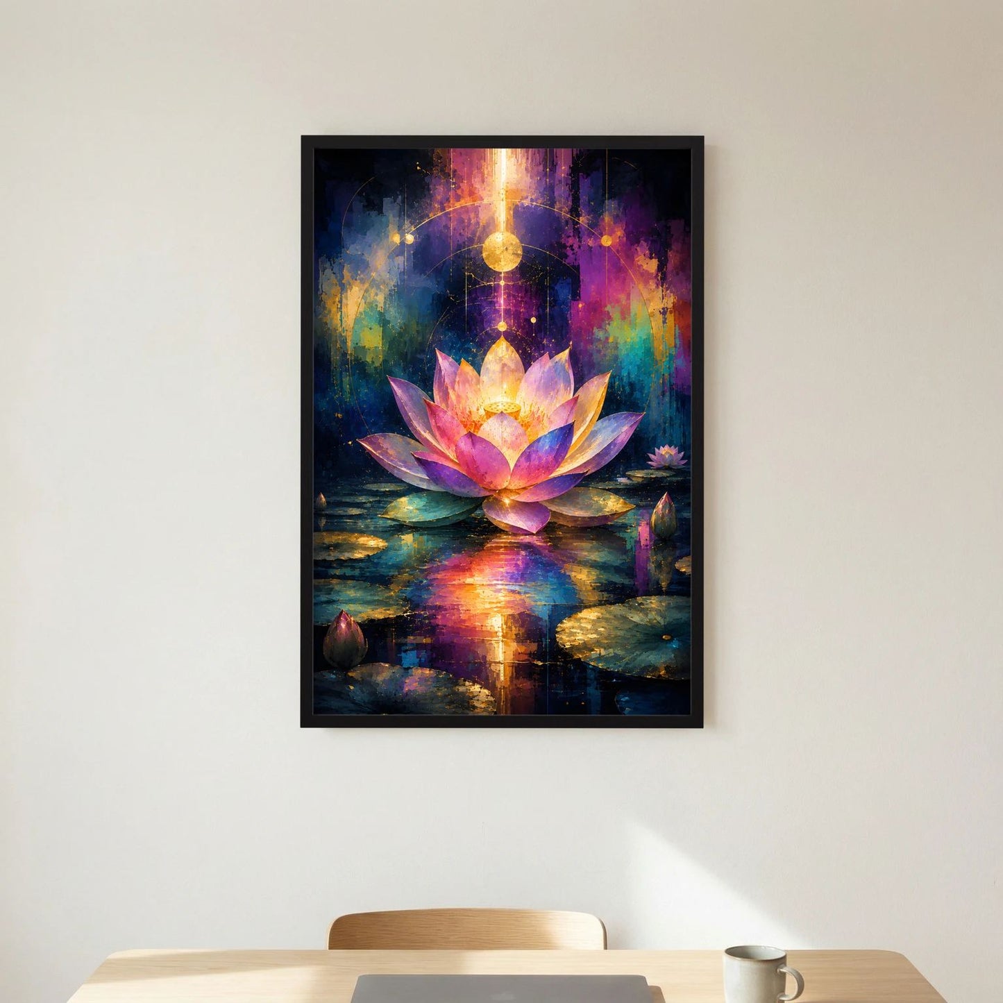 Wandbild im schwarzen Rahmen mit leuchtender Lotusblüte in Pink und Gold, darunter Wasserreflex