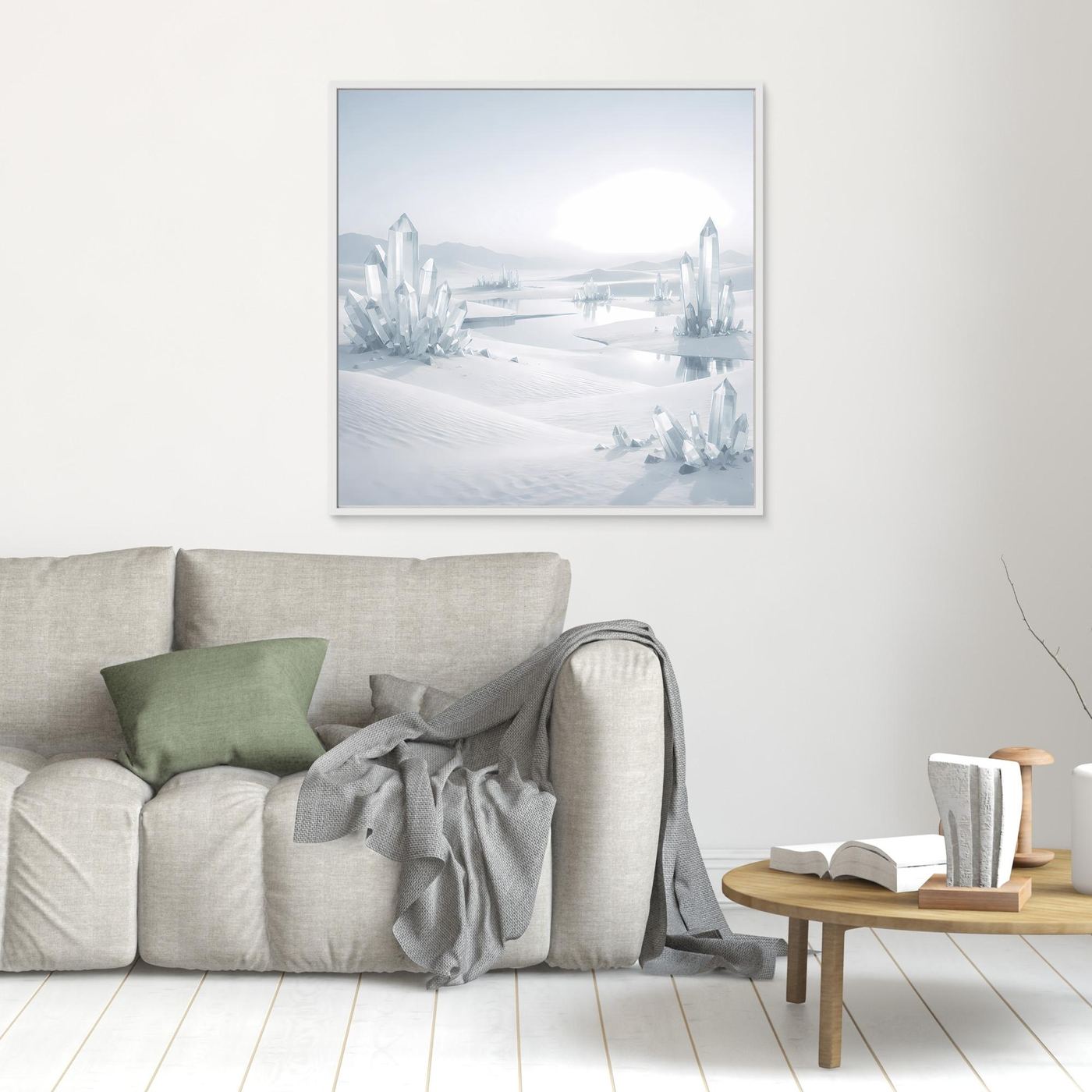 Leinwandbild ohne sichtbaren Rahmen: weiße Eisberge und schneebedeckte Landschaft.