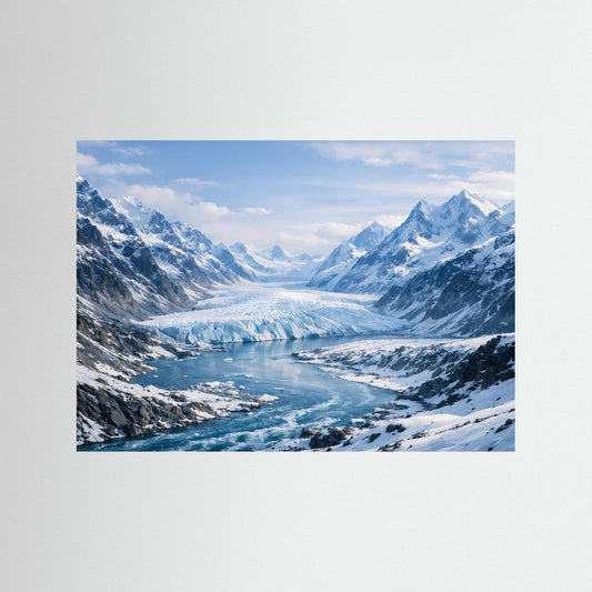 Querformatiges Poster mit Gletscherlandschaft in Blau- und Weißtönen, Bergpanorama