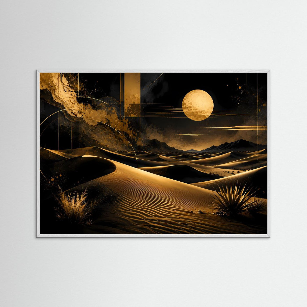 Gerahmtes Poster mit Sanddünen bei Nacht, hellbrauner Rahmen, Schwarz-Gold, Querformat