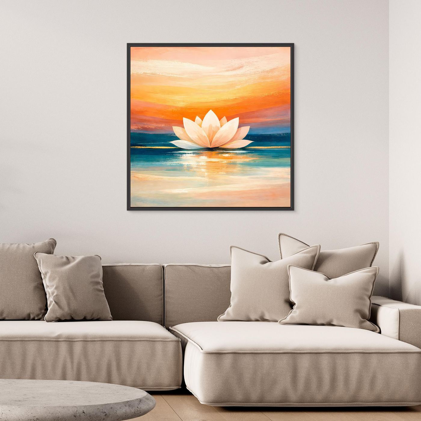 Gerahmtes Leinwandbild mit Lotusblüte im Sonnenuntergang, Spiegelung auf Wasser, schwarzer Rahmen