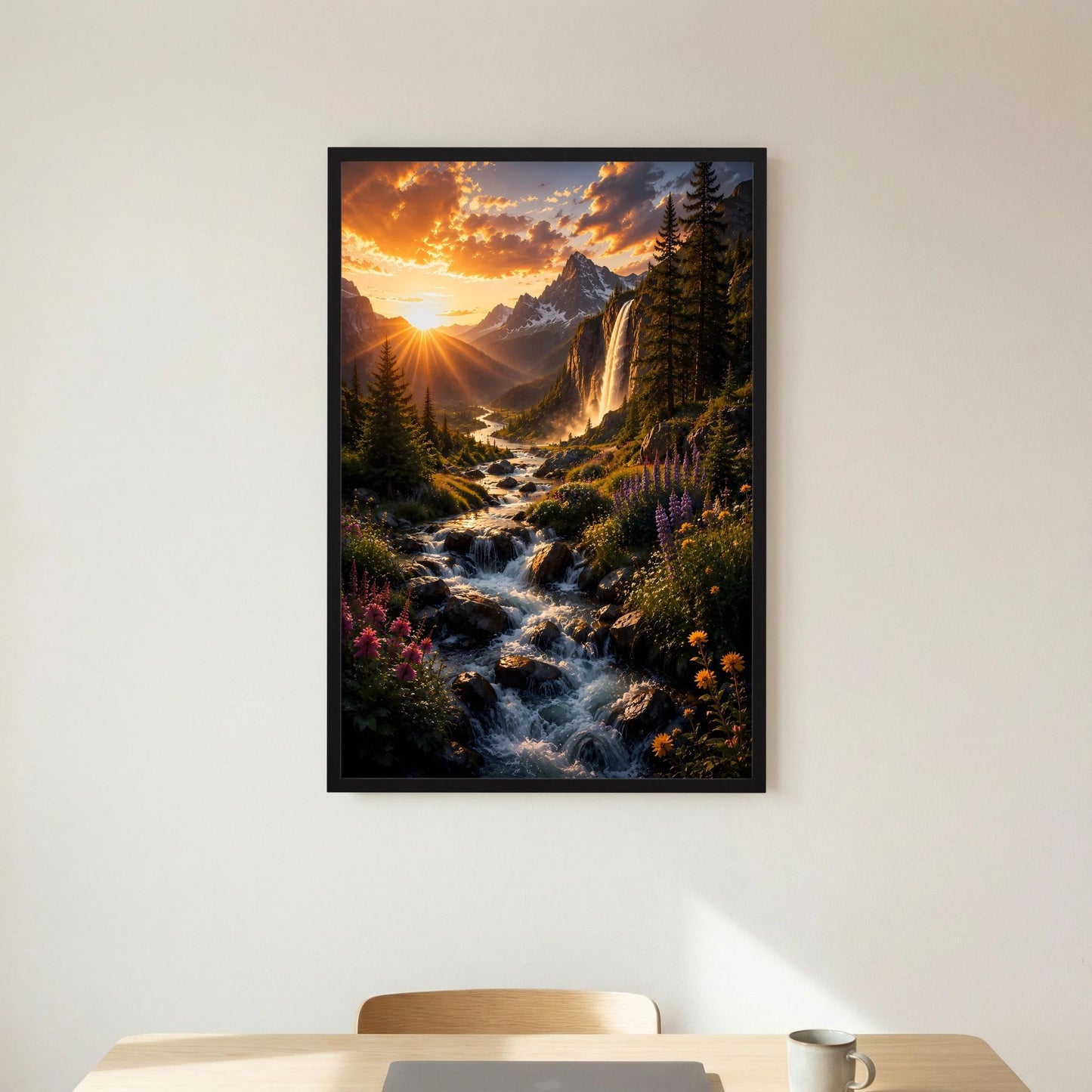 Bergwasserfall im Sonnenuntergang | Alpenlandschaft mit Wildblumen & Gebirgsbach | Poster Hochformat