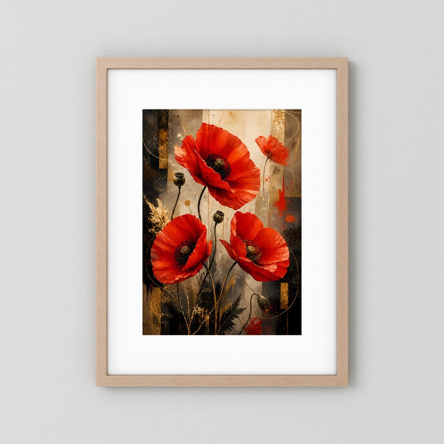 Roter Mohn in Gold & Schwarz | Elegante florale Kunst | Poster Hochformat