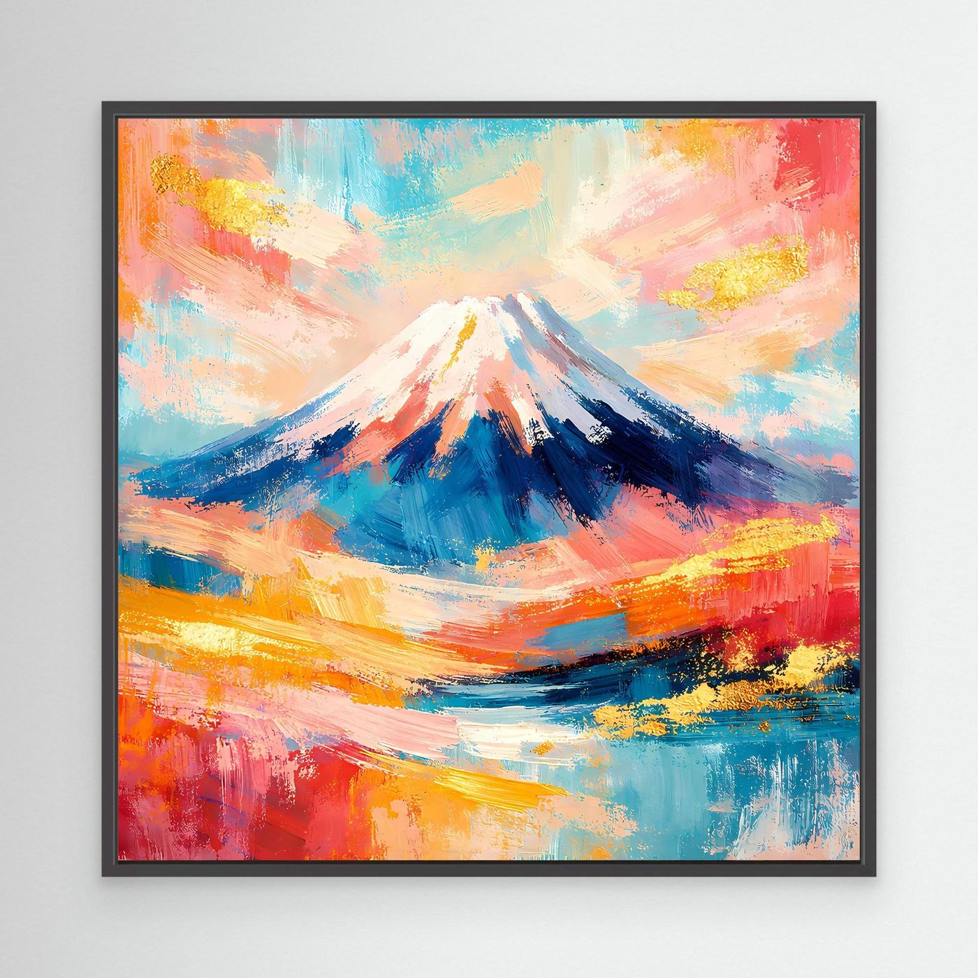 Gerahmtes abstraktes Leinwandbild Mount Fuji mit schwarzem Rahmen, leuchtende Farben