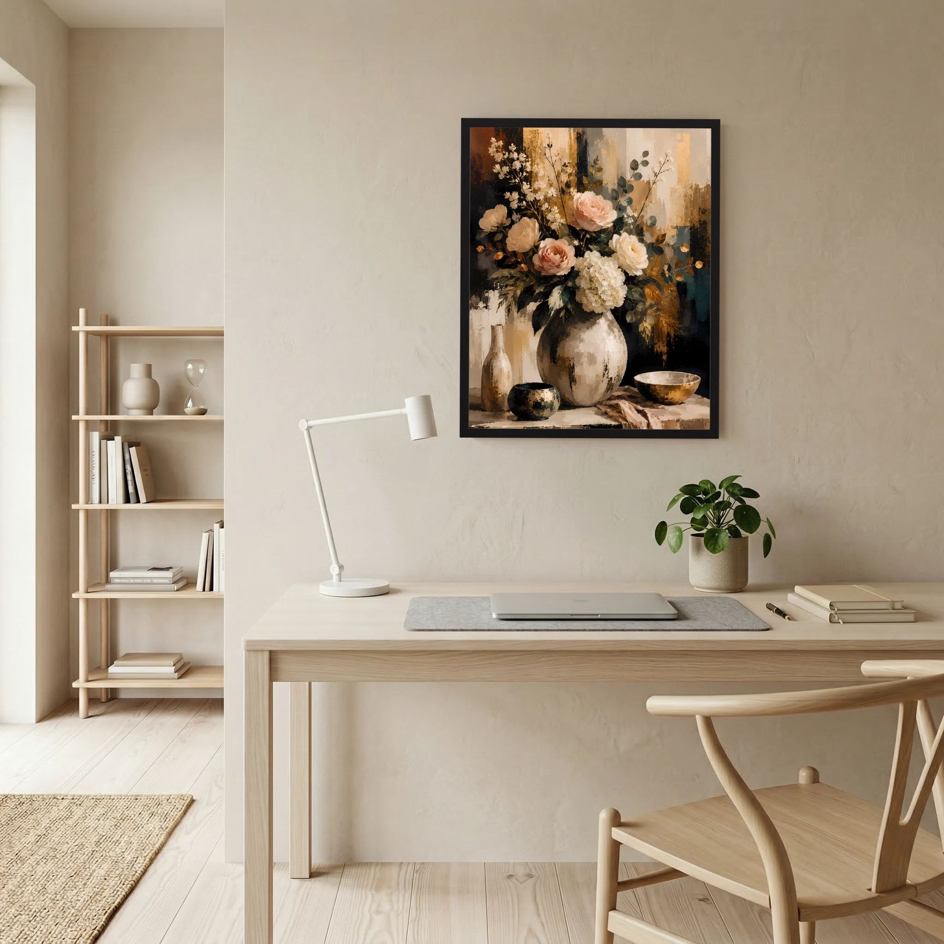 Blumenstillleben-Poster mit Rosen und Hortensien in Vase, abstrakt, mit schwarzem Rahmen