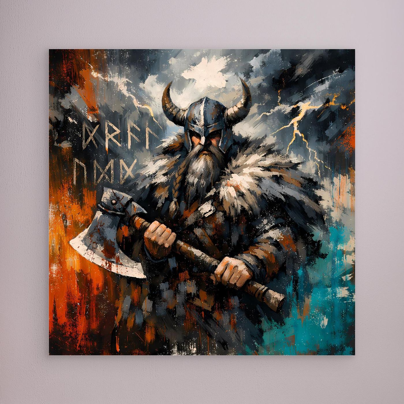 Wandbild mit Wikingerkrieger im Fellhelm und Streitaxt, abstrakt in Blau, Orange und Dunkelgrau