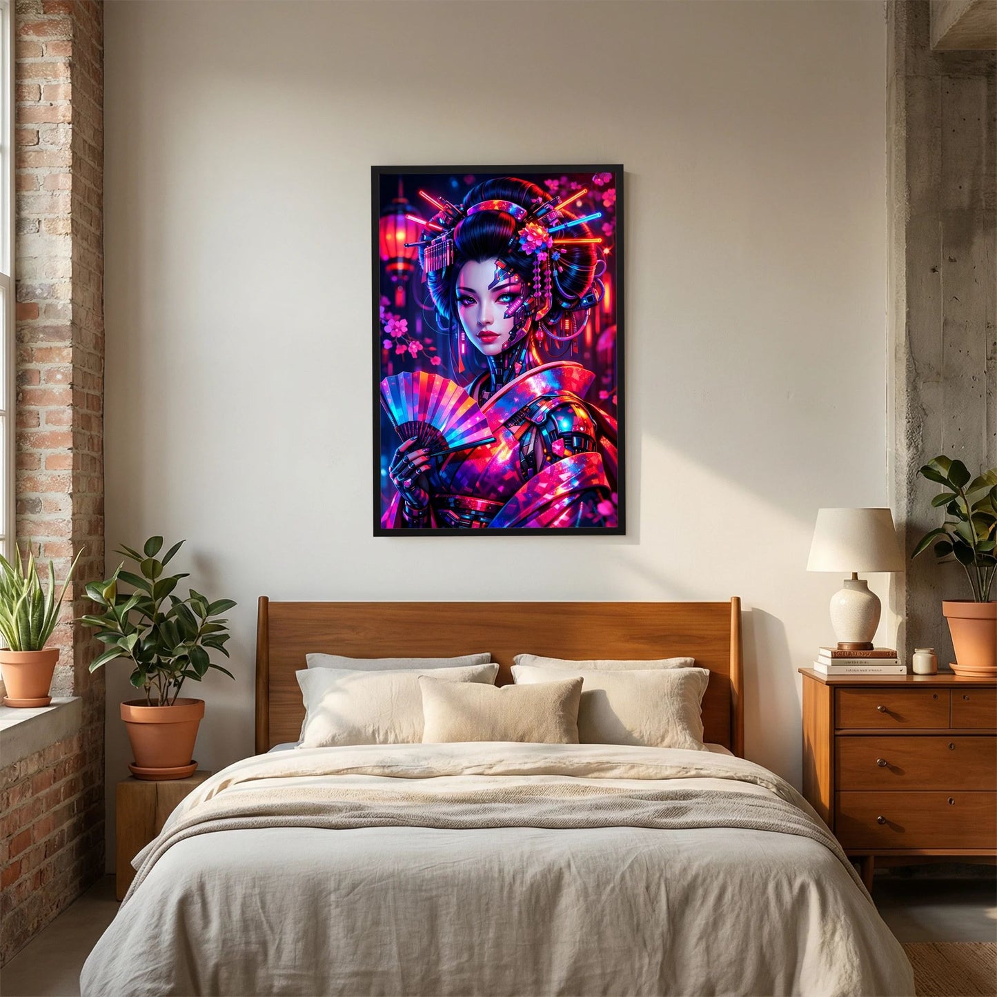 Neonkunst-Poster Cyber-Geisha im Portrait, schwarzer Rahmen, Hochformat.