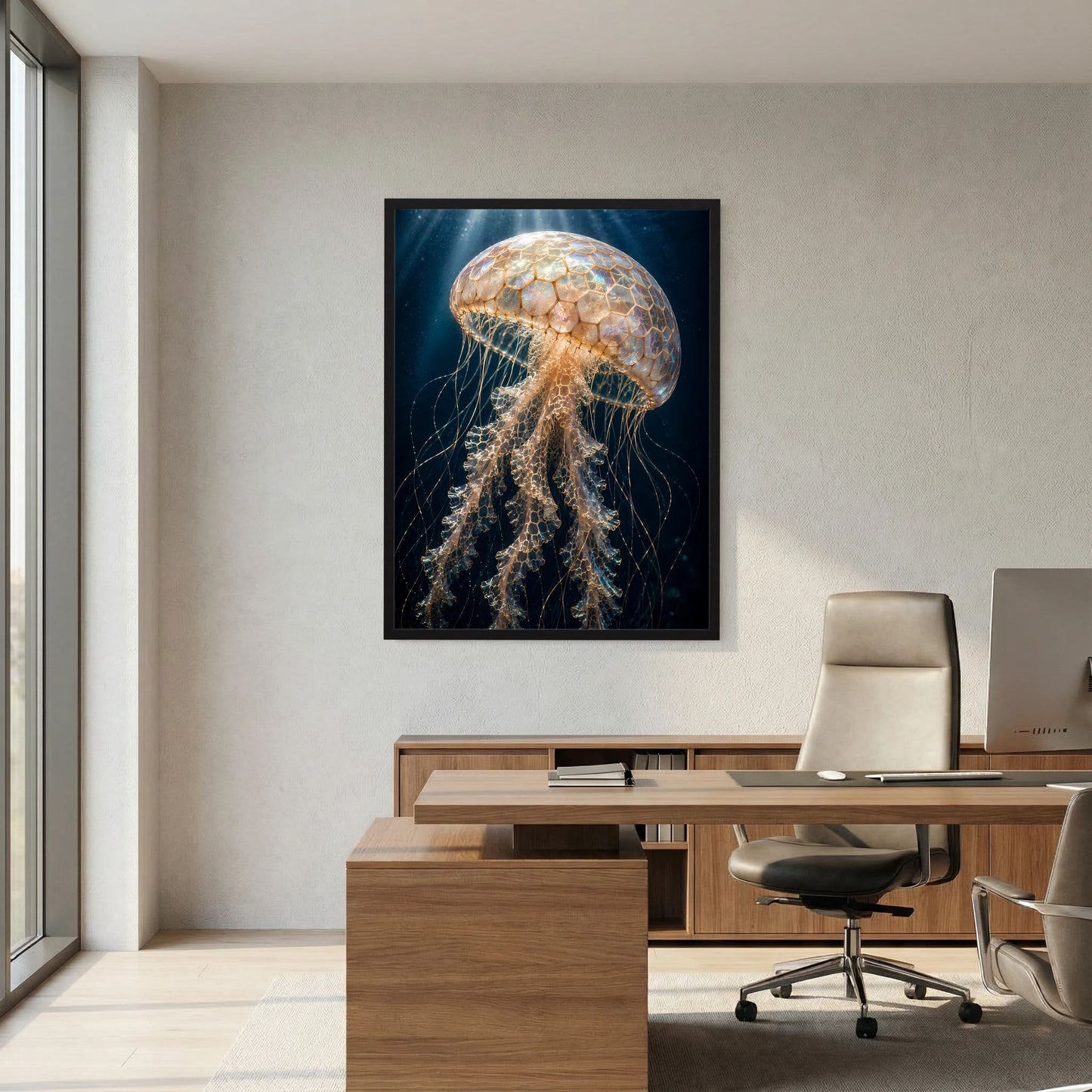 Gerahmtes Poster mit goldener Qualle und feinen Tentakeln auf dunklem Meeresgrund