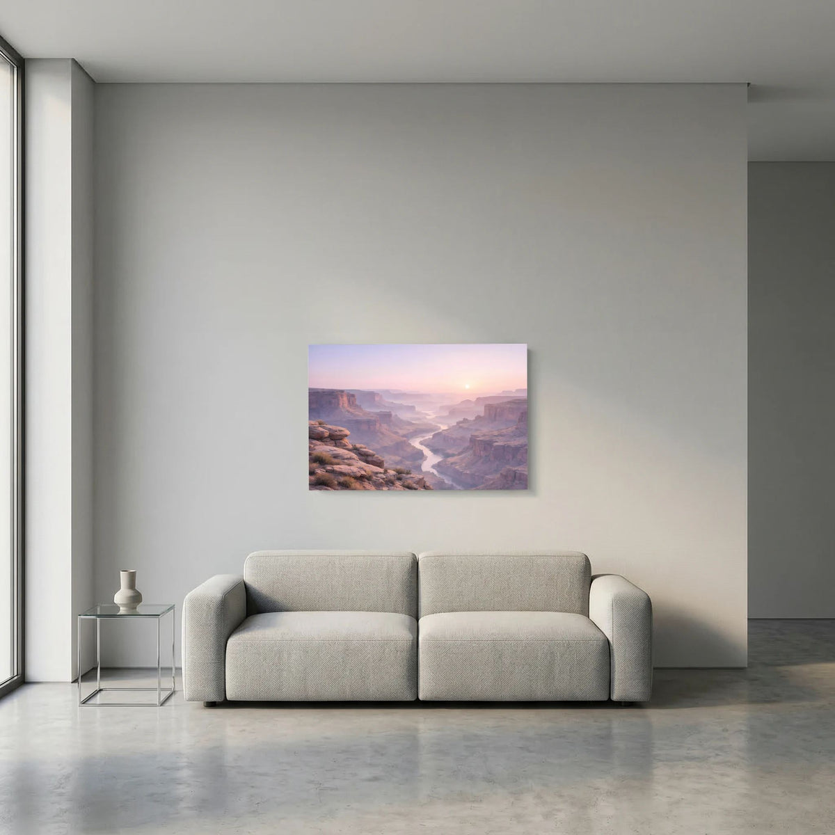 Wandbild Querformat mit Canyon-Motiv über Sofa, Sonnenaufgang und Flussschlucht.