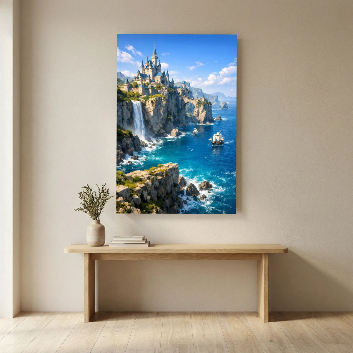 Wandposter im Hochformat mit Küstenschloss, Klippenküste und tobenden Wellen