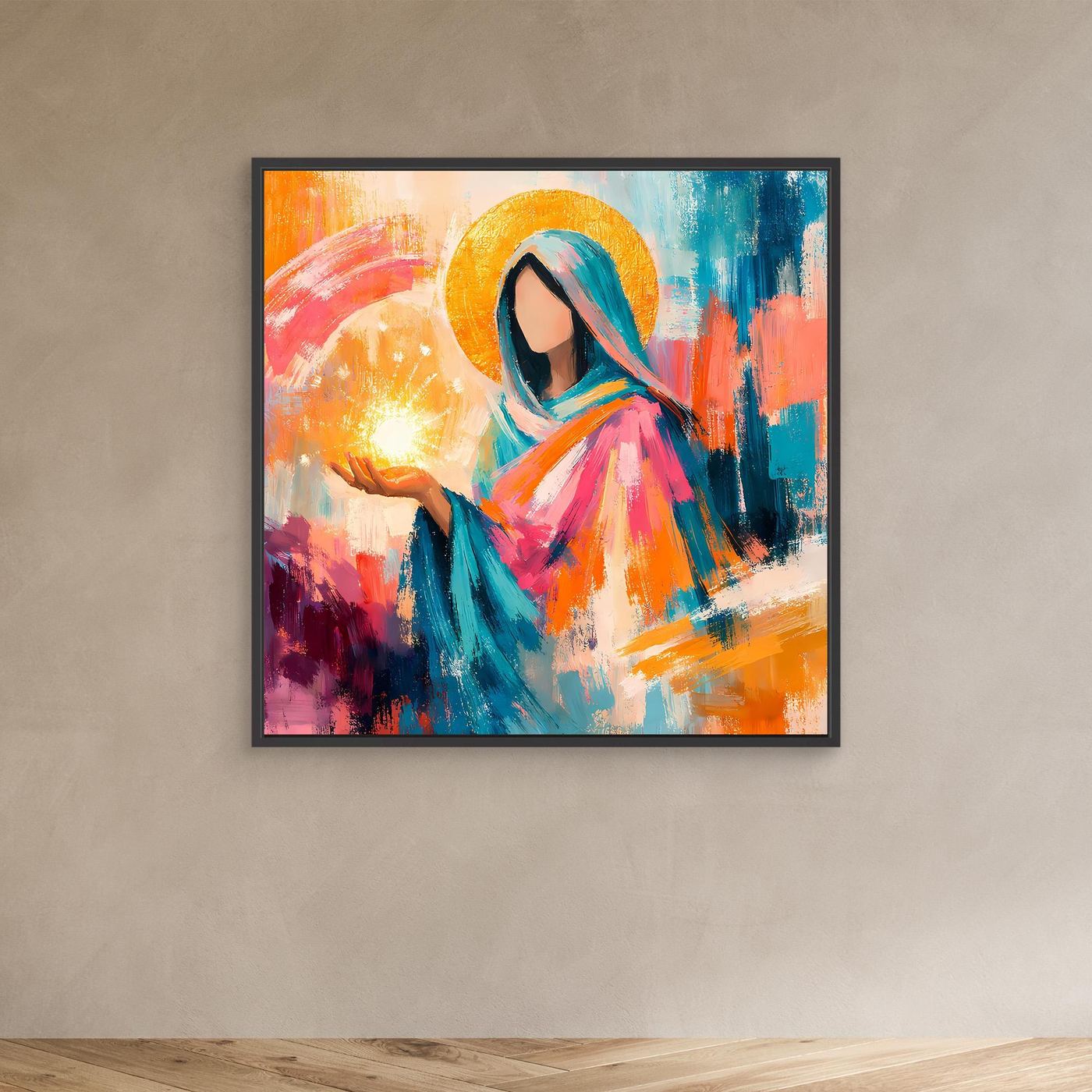 Wandbild im schwarzen Rahmen: Mariafigur mit Heiligenschein, buntes Gewand und Kerze, abstrakt