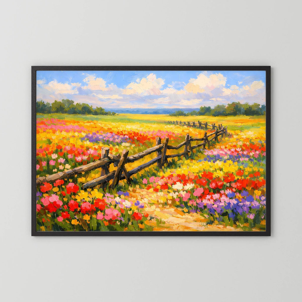 Wandbild im Querformat mit schwarzem Rahmen: Blumenwiese mit Holzzaun
