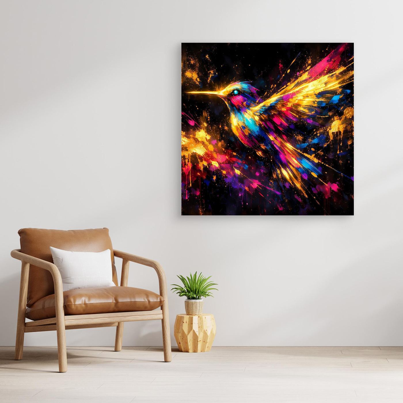 Leinwand Farbenfroher Kolibri im Flug | Abstraktes Modernes Wandbild Bunt