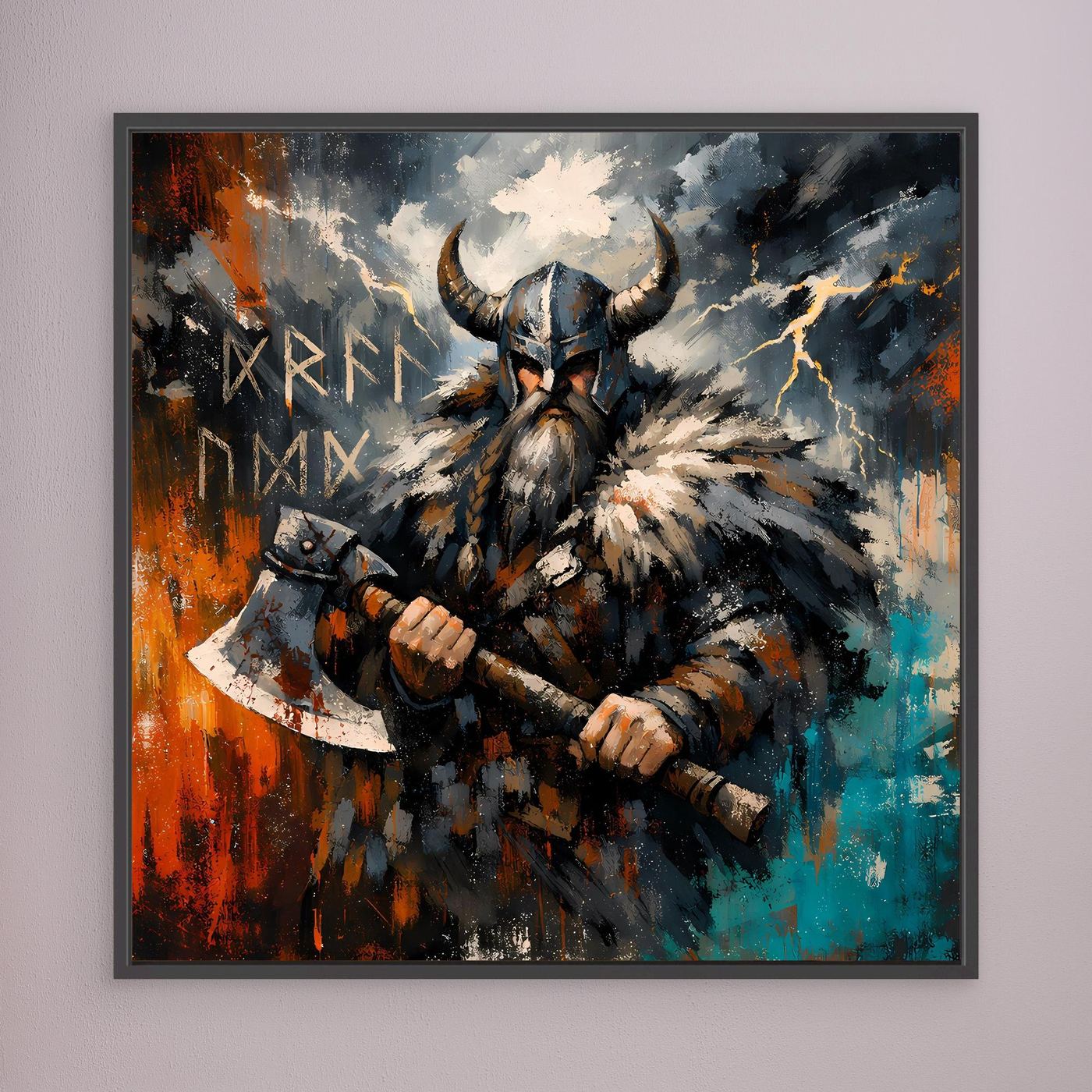 Wandbild mit Wikingerkrieger im Fellhelm und Streitaxt, dunkel gerahmt, abstrakt in Blau und Orange