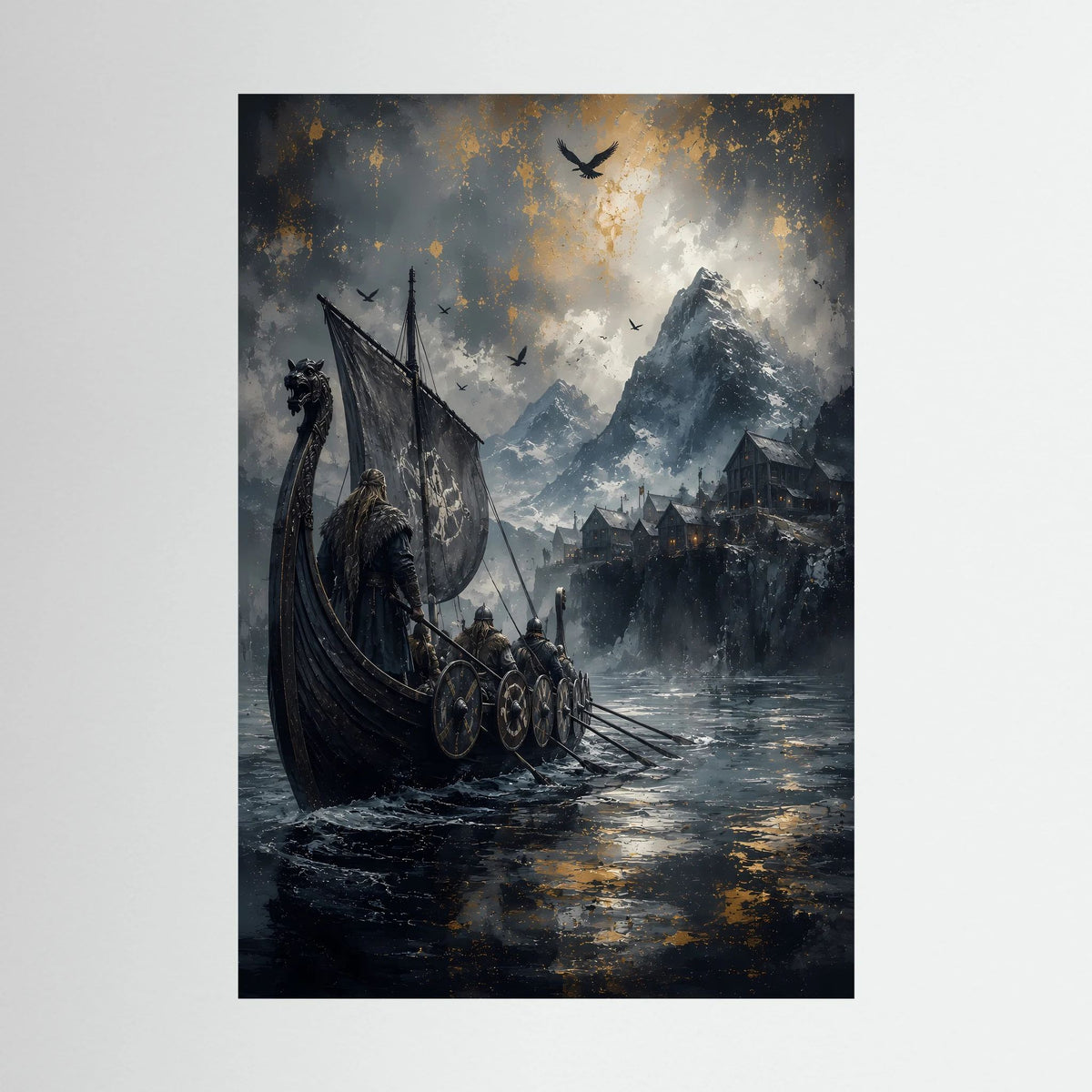 Hochformatiges Poster mit Wikingerboot auf Drachenboot vor Berglandschaft, dunkle See