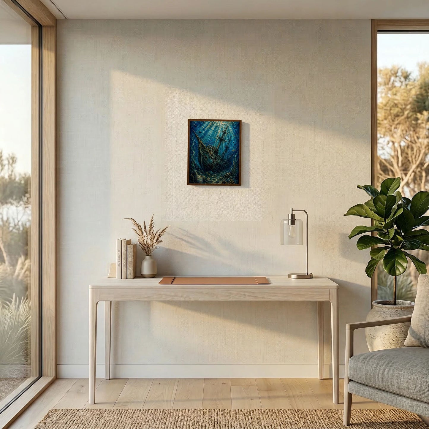 Wandposter mit versunkenem Segelschiff im Mosaikstil, blau, im schwarzen Rahmen