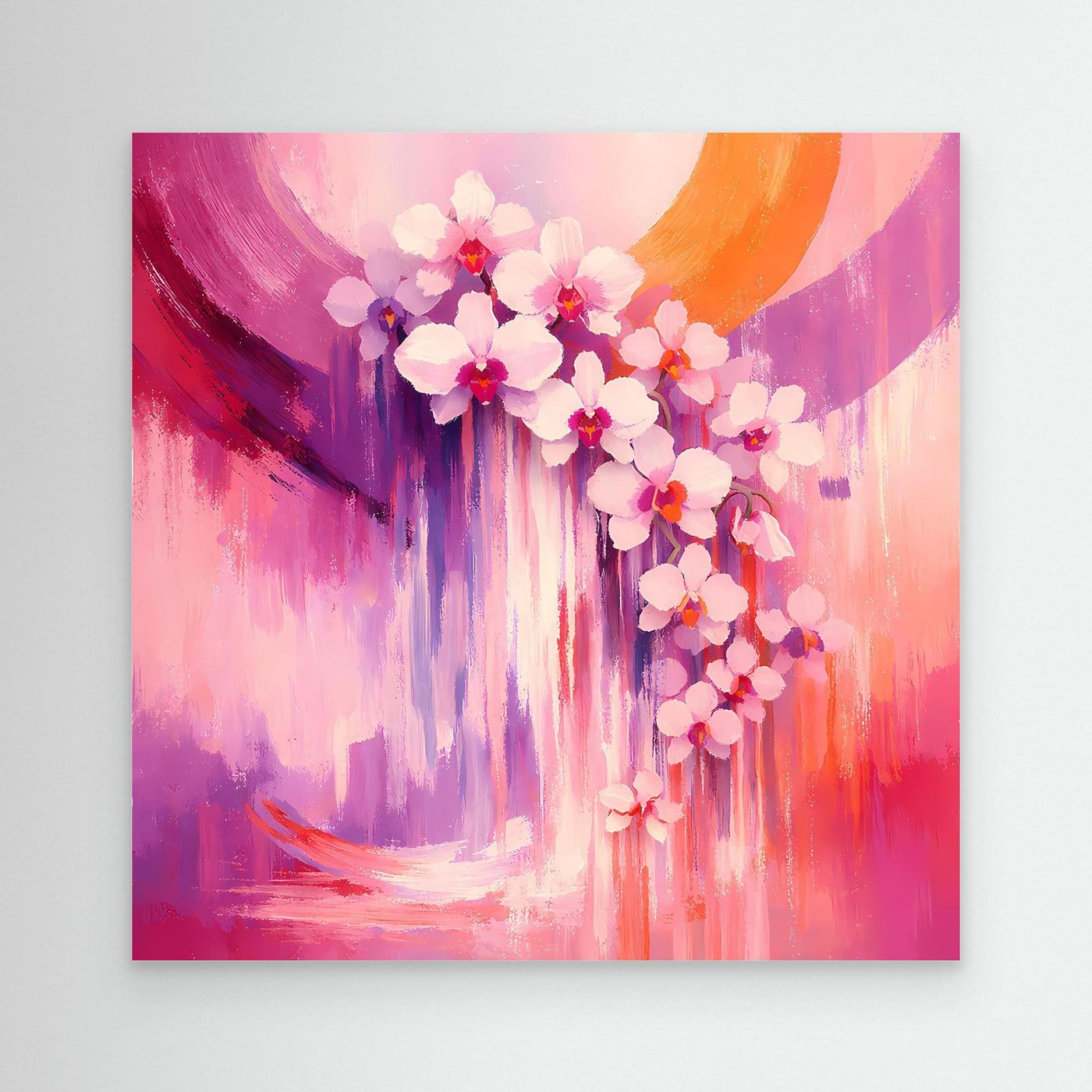 Leinwandbild mit abstrakten Orchideenblüten, pink-violetter Farbmischung ohne Rahmen