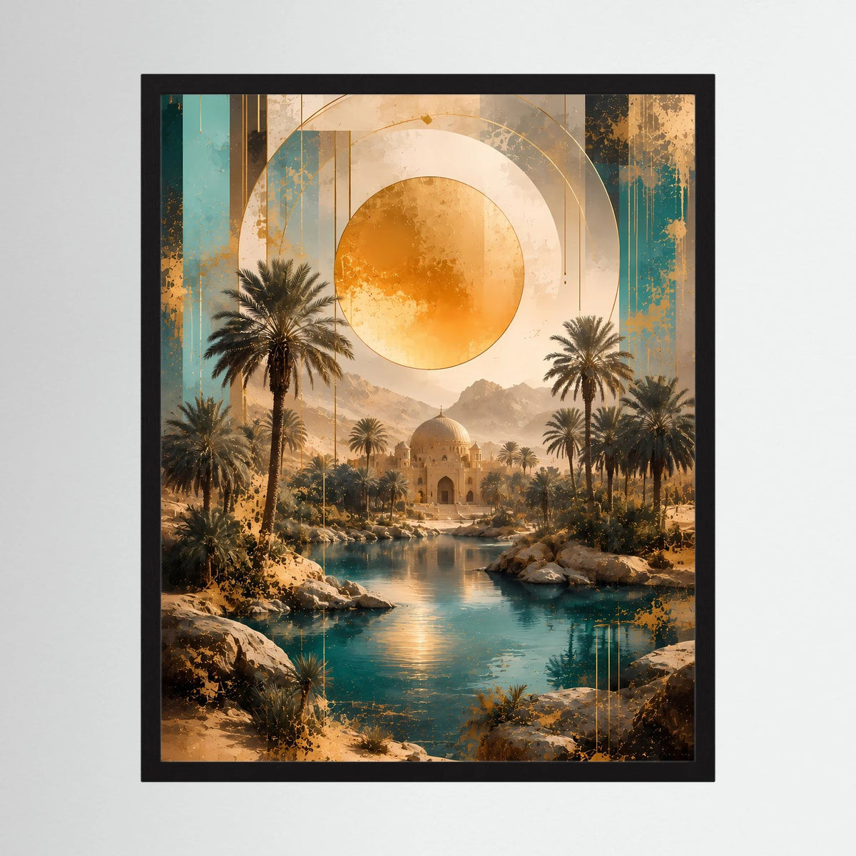 Schwarz gerahmtes Hochformat-Poster mit goldener Sonne, Palmen und türkisfarbenem Oasensee