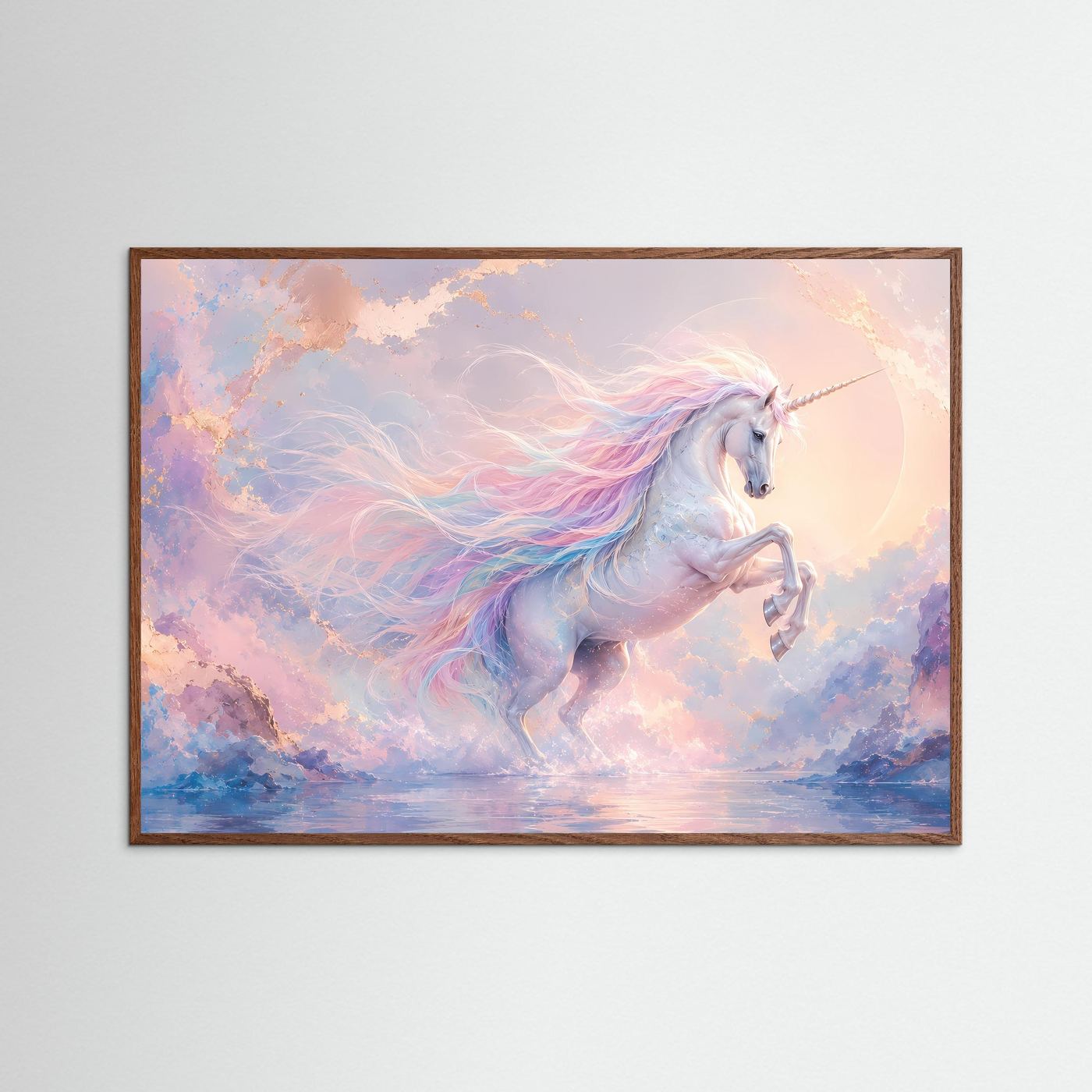 Magisches Einhorn in Pastell | Fantasie Wandbild in Rosa, Blau & Gold