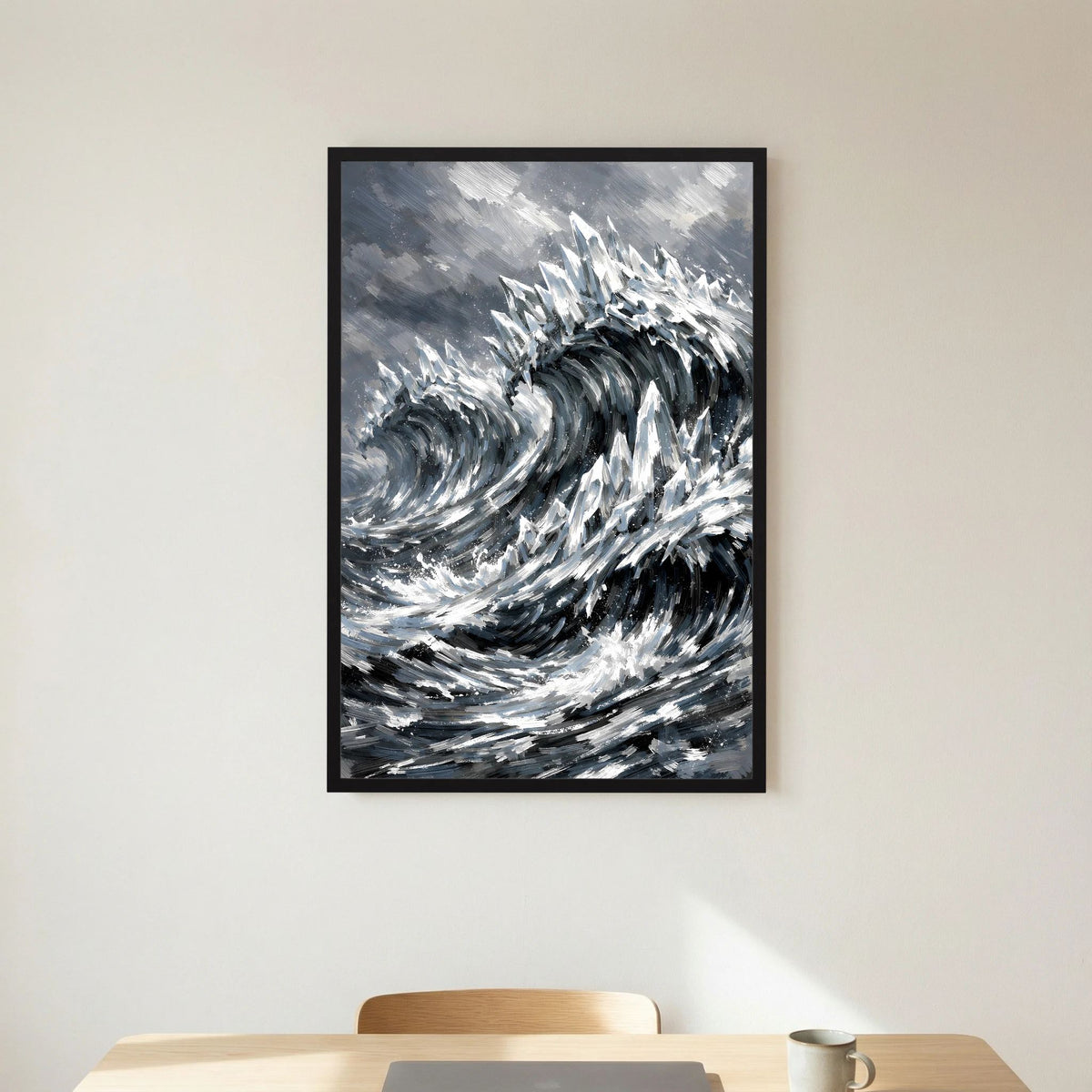 Hochformat-Poster mit schwarzem Rahmen, abstrakte Eiswellen-Wirbel in Schwarzweiß-Grau
