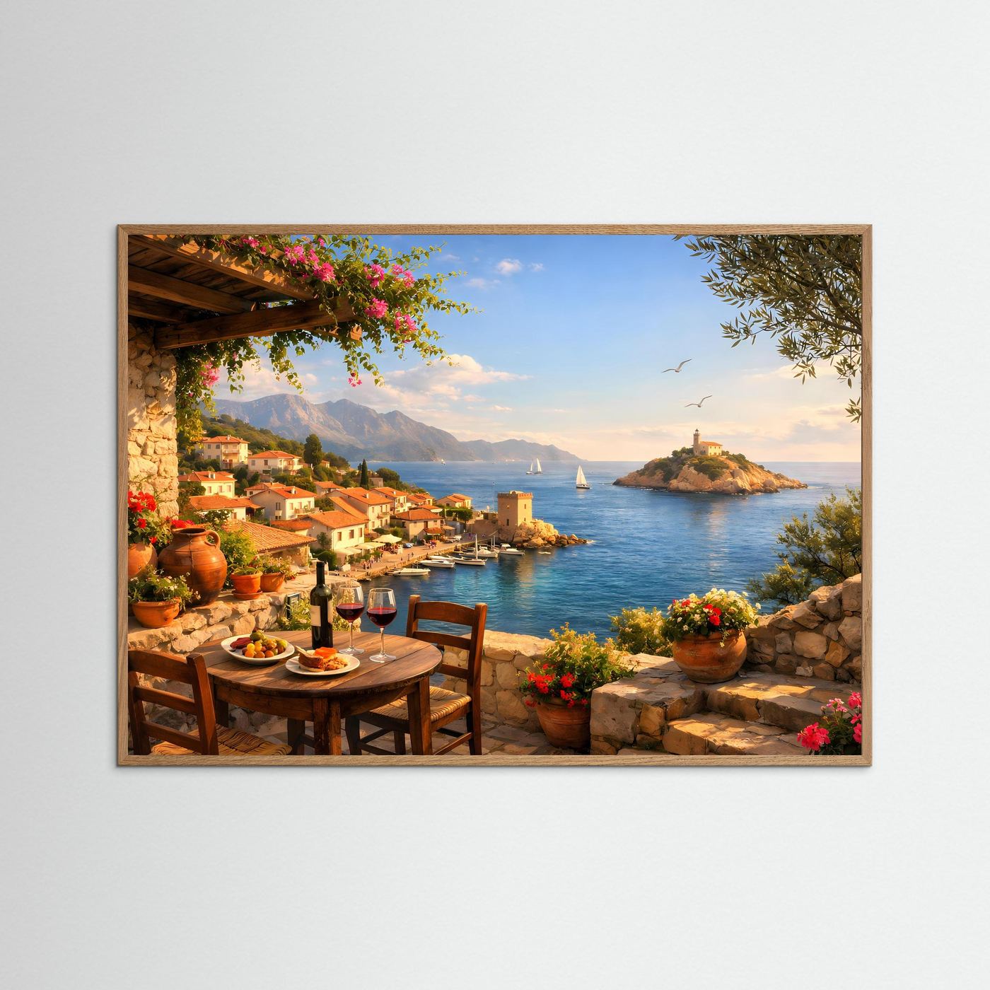 Mediterrane Terrasse mit Meerblick & Wein | Sommer Panorama Poster Querformat