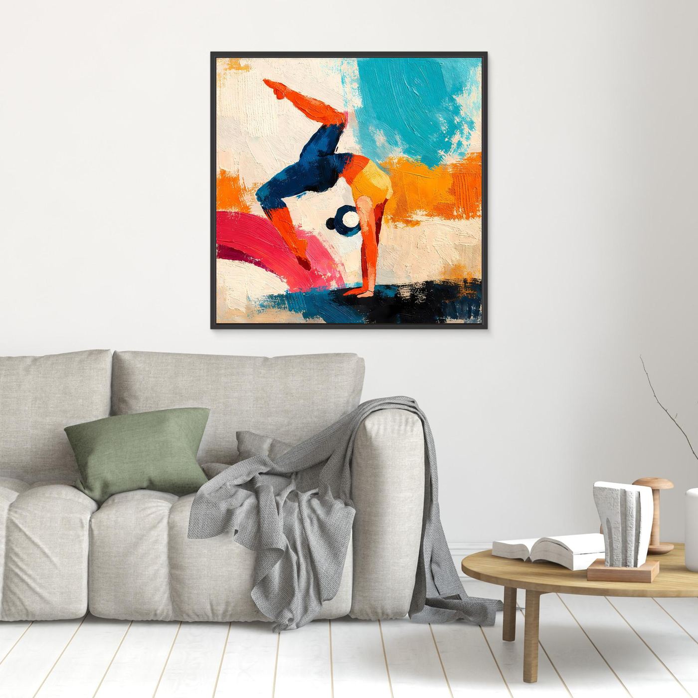 Handstand gymnast canvas print with dark frame, colorful abstract figure