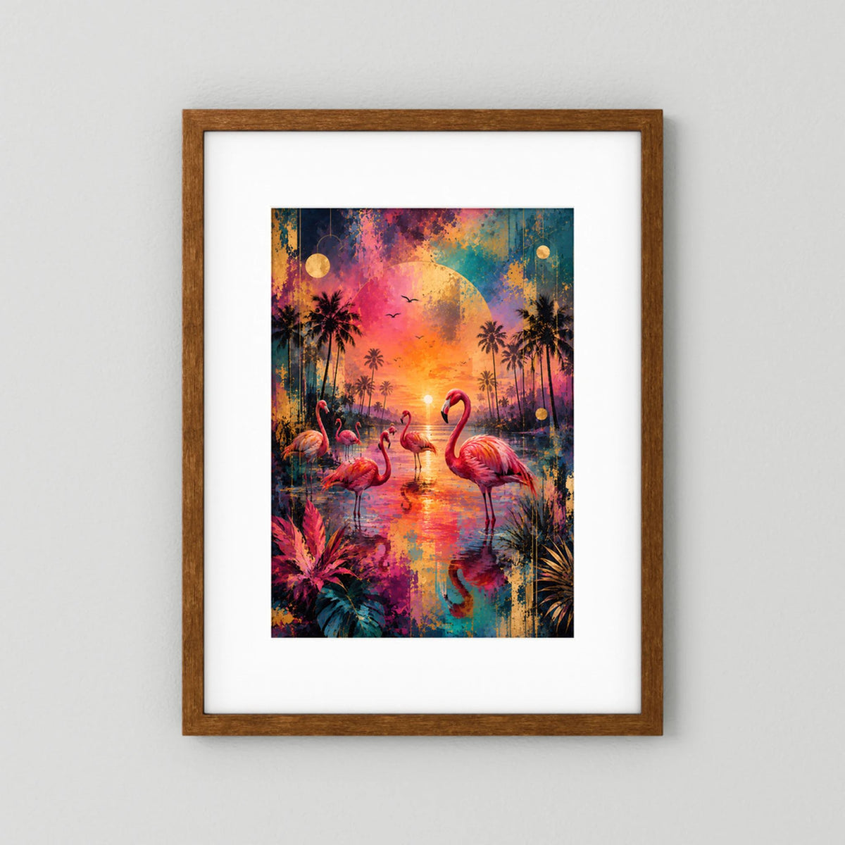 Gerahmtes Hochformat-Poster mit Flamingos im tropischen Sonnenuntergang, brauner Holzrahmen