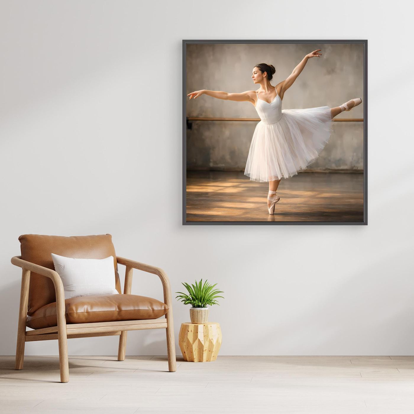 Gerahmtes Leinwandbild: Ballerina im weißen Tutu, grauschwarzer Rahmen