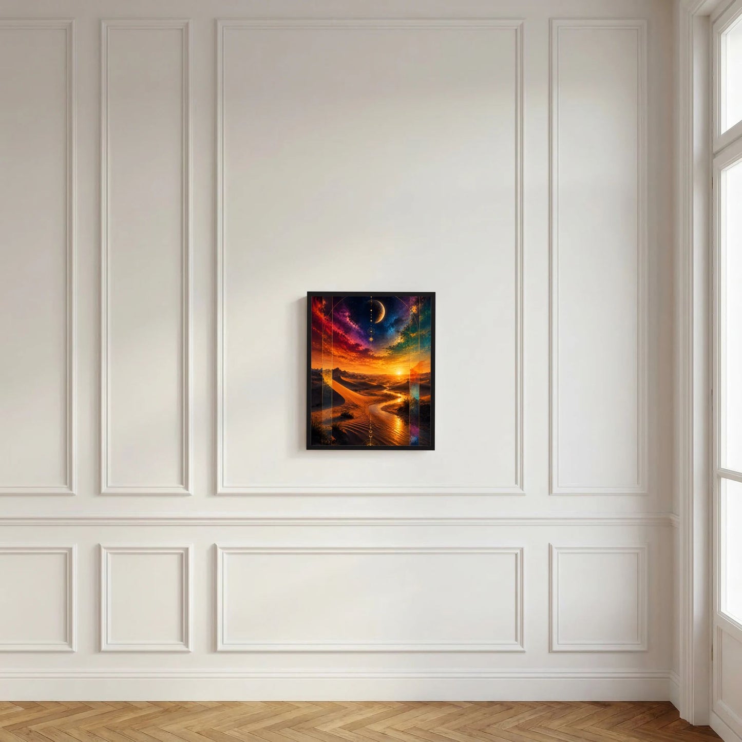 Gerahmtes Hochformat-Poster mit kosmischer Wüste, Halbmond und warmen Sonnenuntergangsfarben