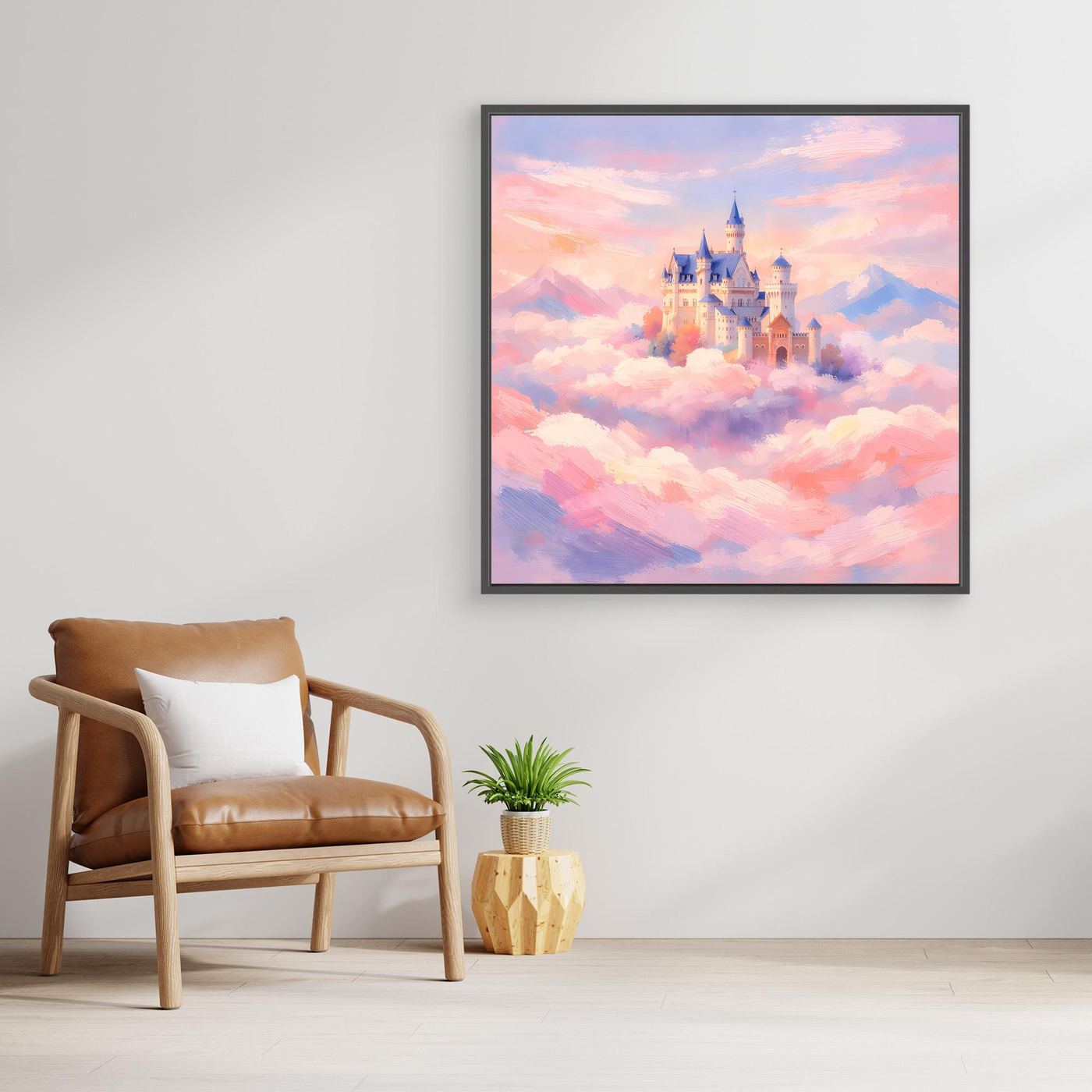 Leinwand Schloss Neuschwanstein über Wolken | Märchenhafte Pastelltöne Wandbild