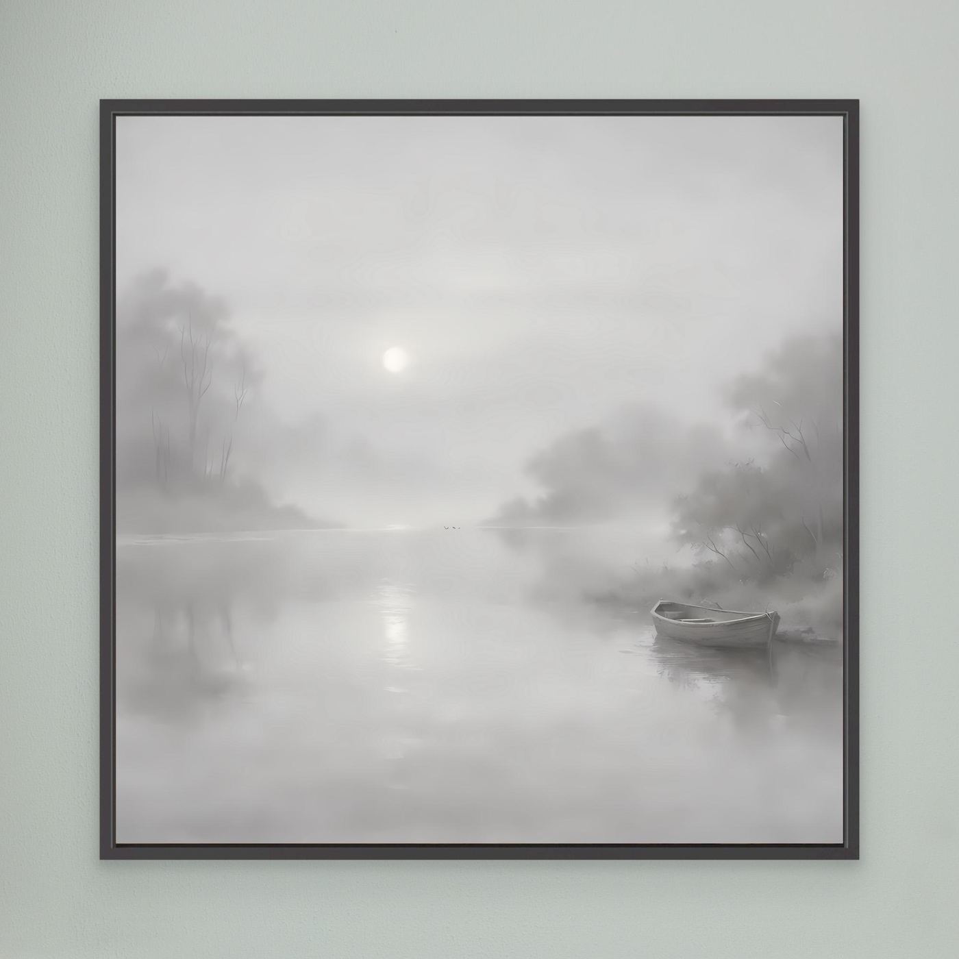 Leinwandbild mit grauem Nebel-Fluss und Boot, schwarzer Rahmen
