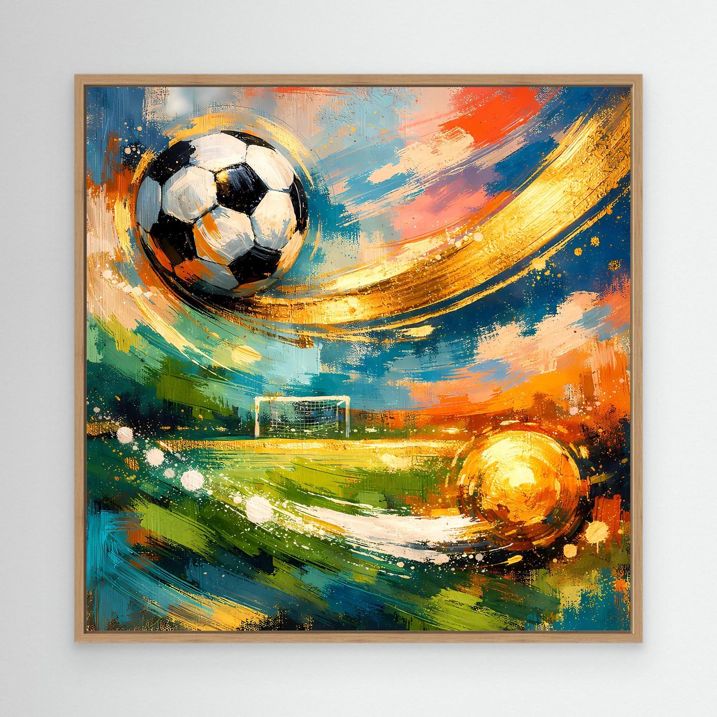 Abstraktes Leinwandbild mit Fußball und Lichtbogen, Holzrahmen (Eiche)