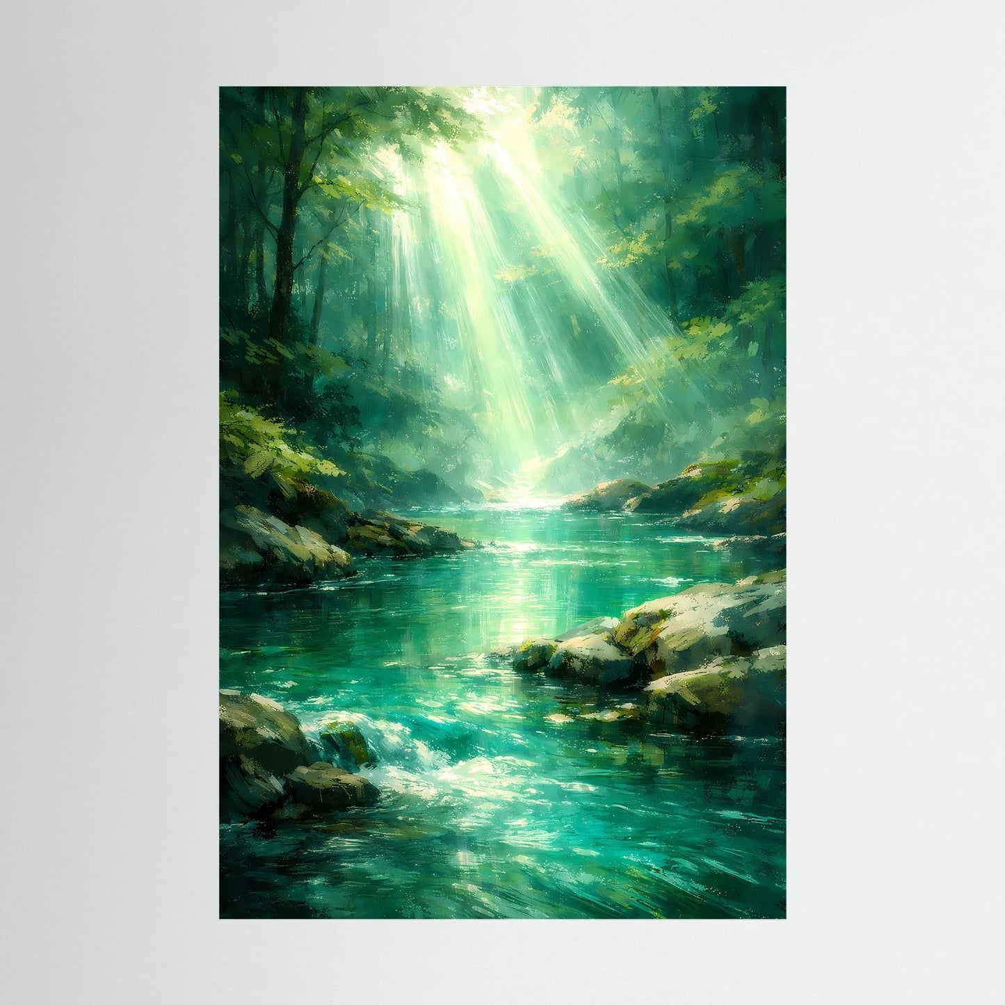 Wandbild mit leuchtendem Fluss im grünen Wald und Lichtstrahlen, hochformatig