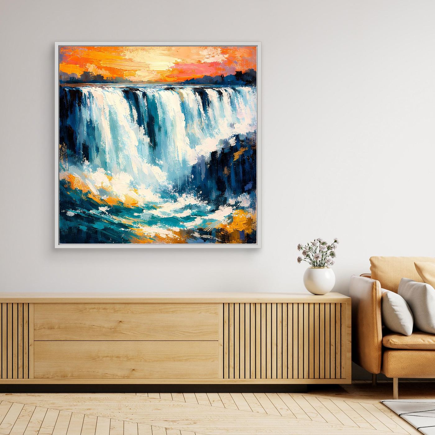 Abstraktes Leinwand-Wandbild Wasserfall in Blau und Orange, mit weißem Rahmen