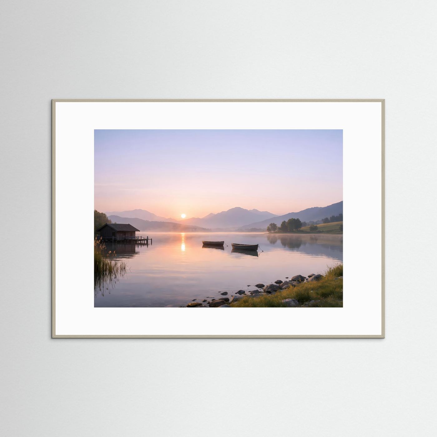 Sanfter Sonnenaufgang am Steg | Boote & See Panorama Poster Querformat