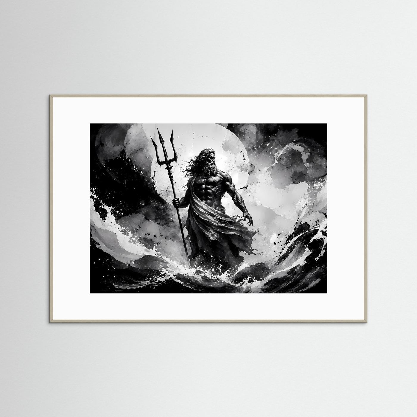 Poseidon Schwarz Weiß Wandbild | Griechische Mythologie Poster | Gott des Meeres mit Dreizack | Monochrome Fantasy Kunst | Moderne Leinwand