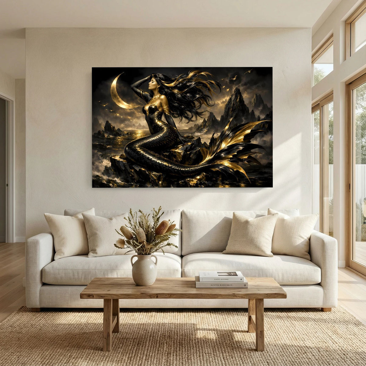 Fantasy-Wandbild quer: Meerjungfrau mit wallendem Haar im Mondlicht, goldene Wellen und Felsen