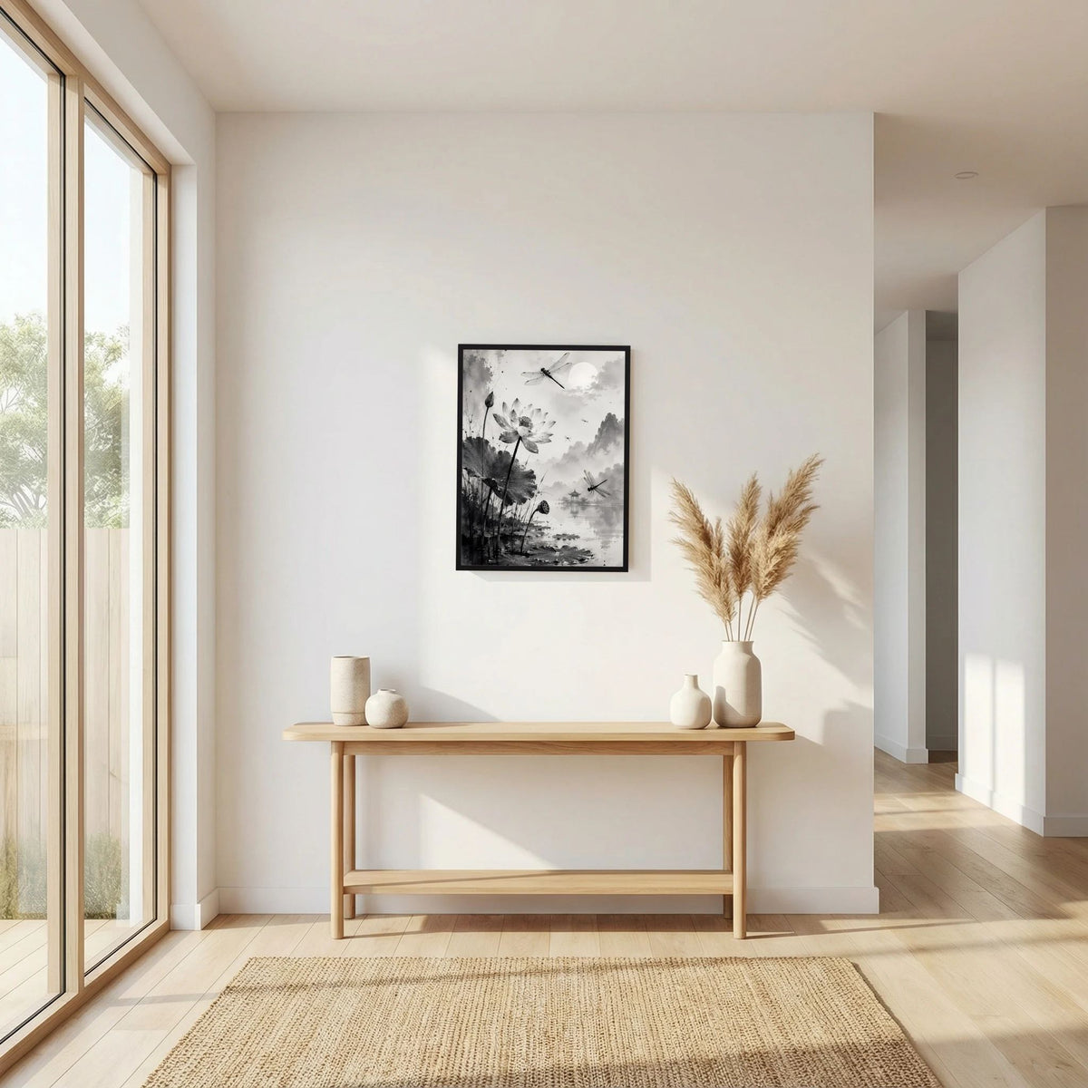 Hochformatiges Poster mit Lotusblüten und Libellen, Schwarzweiß, schwarz gerahmt